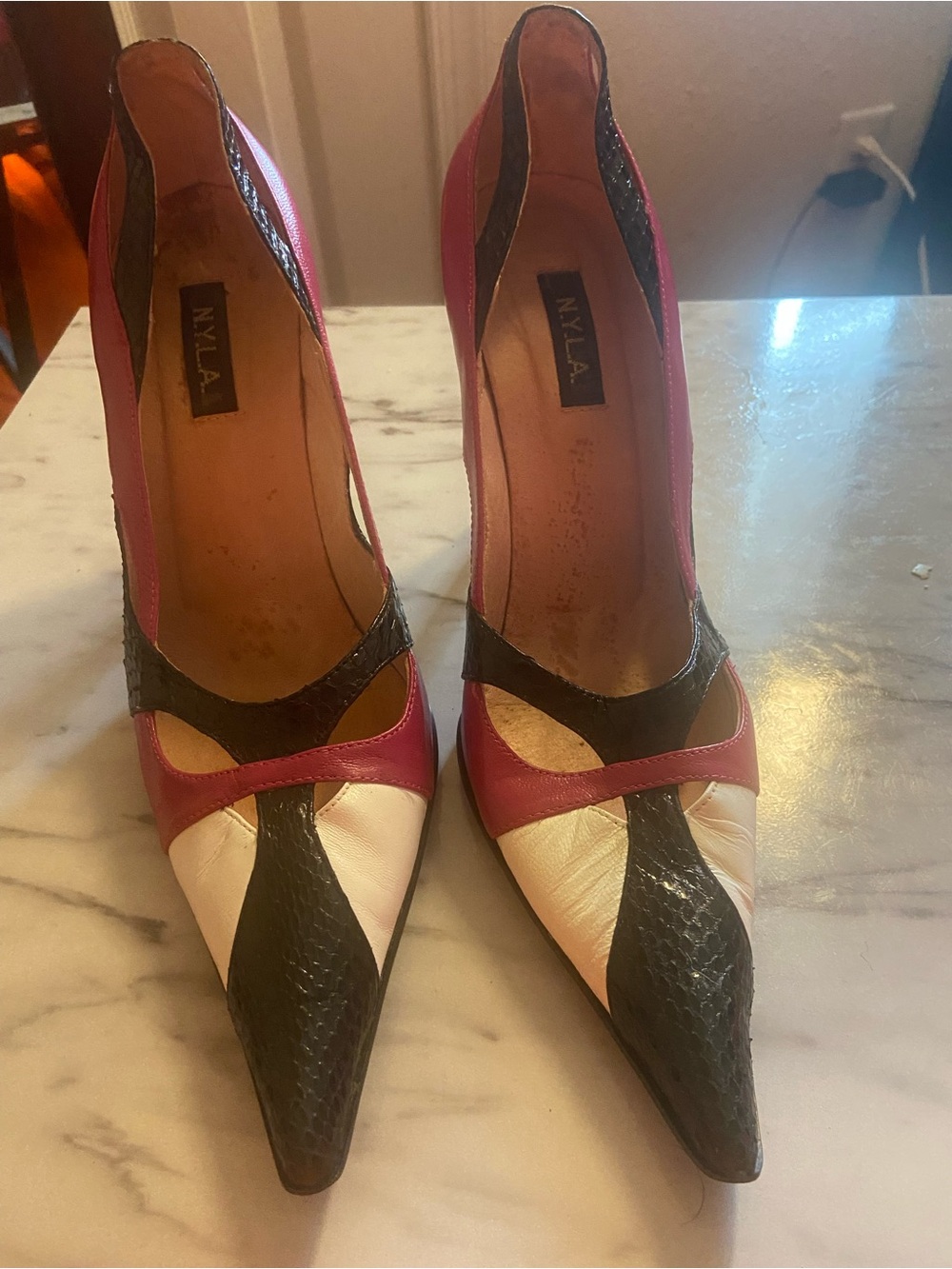 N.Y.L.A. Pointed Toe Leather Pumps in Pink, Black & White